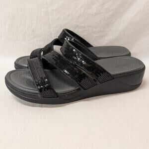 Crocs Women's Boca Sequin Strappy Lite Ride Wedges Black Size 11